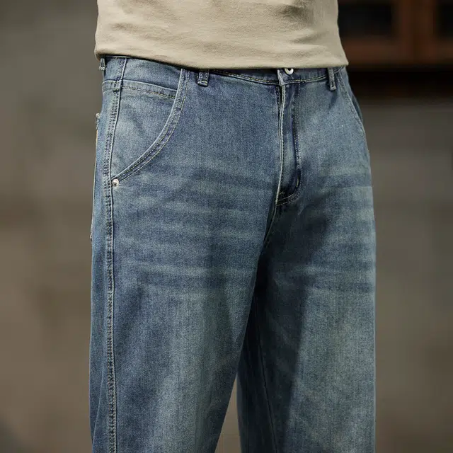 么宁 韩版潮流简约百搭九分裤舒适透气宽松直筒复古水洗弹力休闲牛仔裤 男女同款