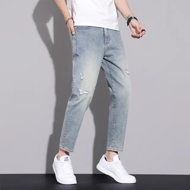 么宁 简约百搭潮流时尚修身直筒舒适透气个性痞帅弹力九分破洞牛仔裤 男女同款