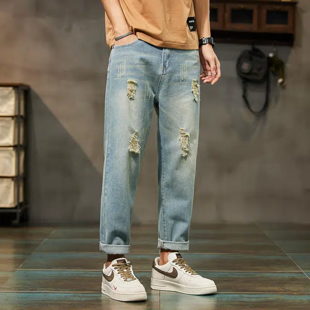 么宁 修身小脚九分裤潮流时尚舒适透气耐穿耐磨个性痞帅休闲运动破洞牛仔裤 男女同款