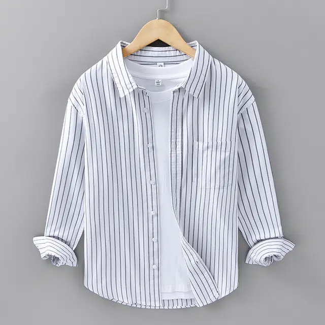 么宁 纯棉条纹长袖衬衣潮流时尚宽松翻领外套舒适透气休闲上衣个性文艺感衬衫 男女同款