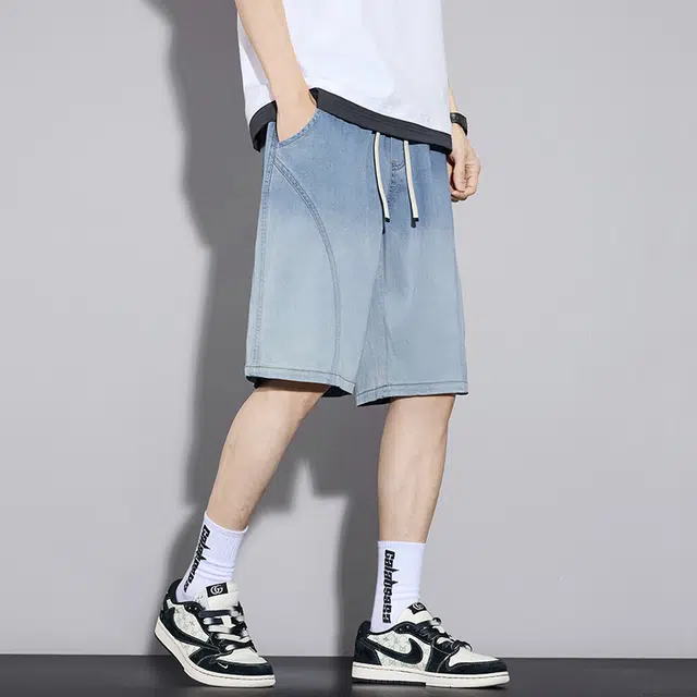 么宁 渐变色拼接工装五分裤夏季薄款舒适透气宽松直筒简约百搭个性痞帅休闲牛仔短裤 男女同款