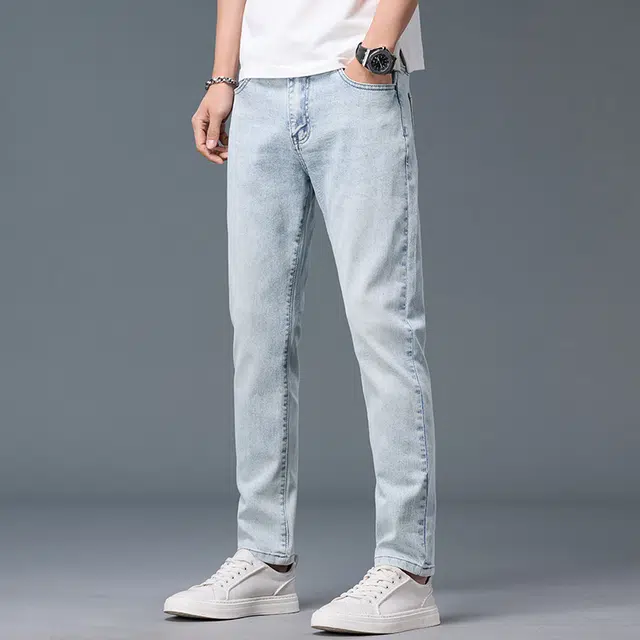 么宁 韩版潮流时尚修身弹力直筒裤舒适透气简约百搭个性痞帅运动休闲牛仔裤 男女同款