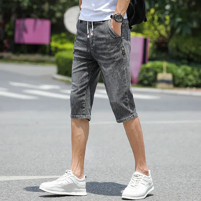 么宁 薄款潮流时尚合身直筒七分裤弹力百搭休闲个性痞帅牛仔短裤 男女同款