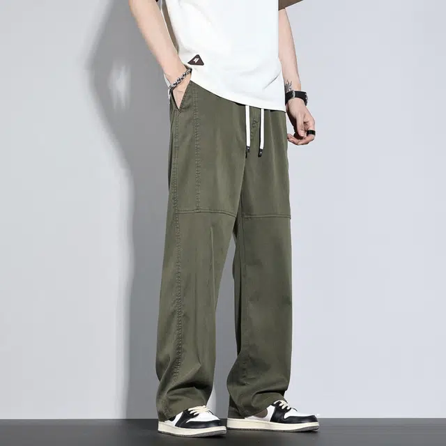 么宁 薄款拼接宽松直筒简约百搭舒适透气弹力运动阔腿休闲裤 男女同款