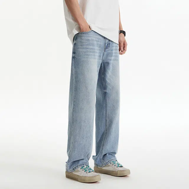 么宁 美式潮牌水洗宽松直筒舒适百搭运动休闲牛仔裤 男女同款