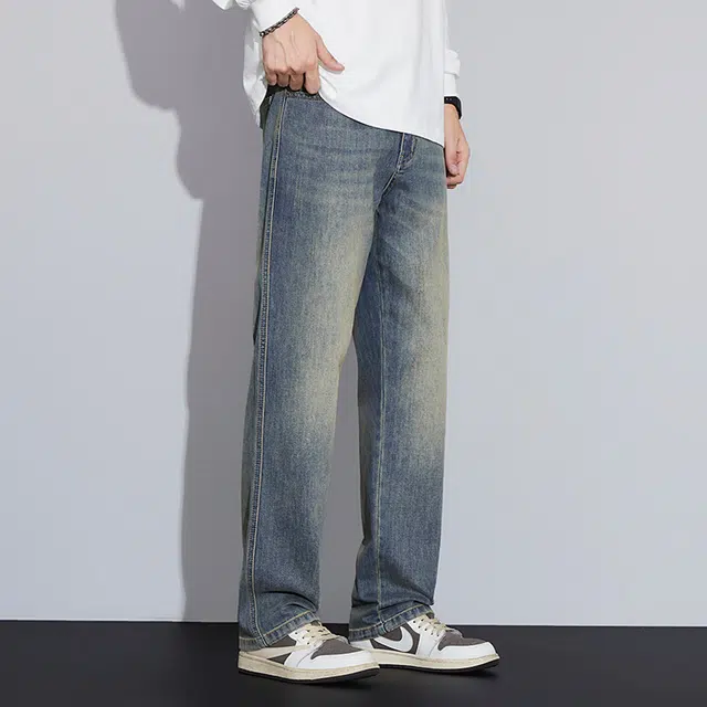 么宁 美式复古水洗宽松直筒裤潮流时尚字母刺绣弹力舒适透气耐穿耐磨个性痞帅休闲牛仔裤 男女同款