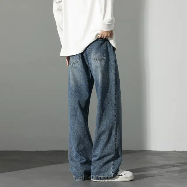 么宁 秋冬季美式复古拼接宽松直筒裤潮流时尚舒适透气个性痞帅休闲百搭牛仔裤 男女同款