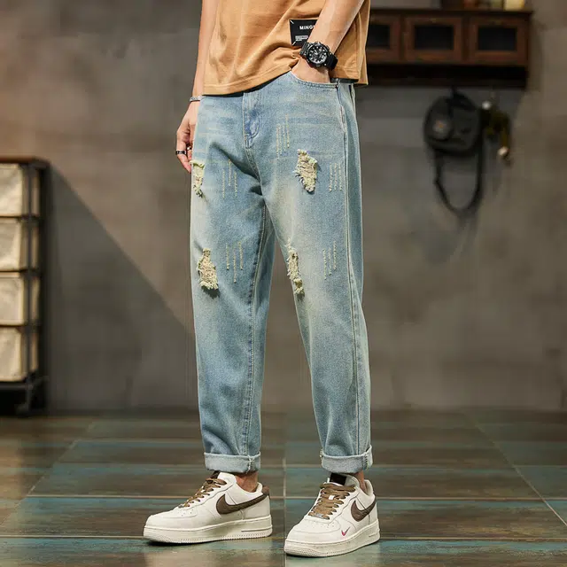 么宁 修身小脚九分裤潮流时尚舒适透气耐穿耐磨个性痞帅休闲运动破洞牛仔裤 男女同款