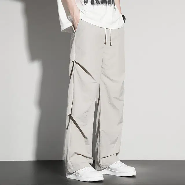 么宁 夏季薄款冰丝速干褶皱感纯色简约百搭潮流时尚宽松直筒舒适透气垂感个性痞帅休闲裤 男女同款