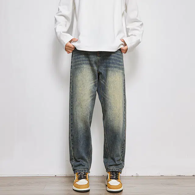 么宁 字母刺绣美式高街水洗做旧宽松直筒简约百搭潮流时尚舒适透气个性痞帅休闲运动牛仔裤 男女同款