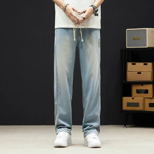 么宁 美式复古宽松直筒裤薄款简约百搭垂感弹力舒适透气个性痞帅牛仔裤 男女同款