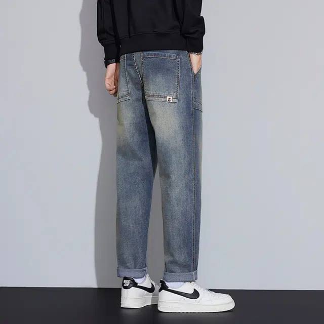 么宁 美式复古水洗拼接宽松直筒裤潮流时尚弹力舒适透气锥形裤耐穿耐磨个性痞帅休闲牛仔裤 男女同款