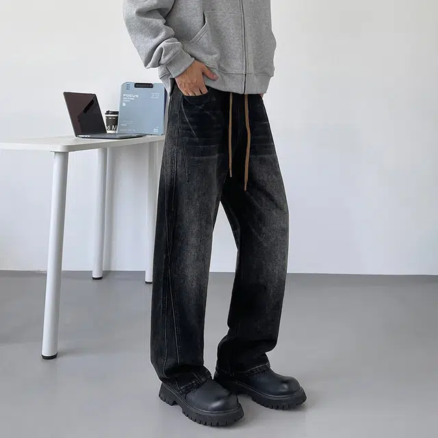 么宁 秋冬季美式高街复古水洗宽松直筒裤舒适透气简约百搭耐穿耐磨阔腿长裤抽绳松紧腰个性痞帅休闲牛仔裤 男女同款