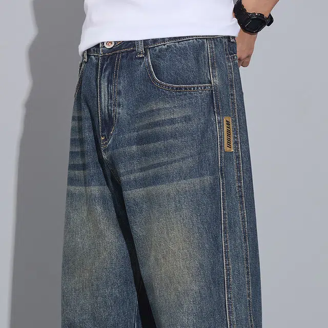 么宁 美式高街水洗做旧宽松直筒简约百搭潮流时尚舒适透气个性痞帅休闲运动牛仔裤 男女同款