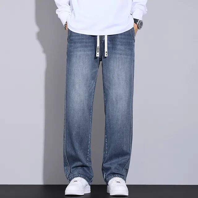 么宁 美式高街个性潮牌宽松直筒裤简约百搭抽绳松紧腰舒适透气休闲阔腿牛仔裤 男女同款