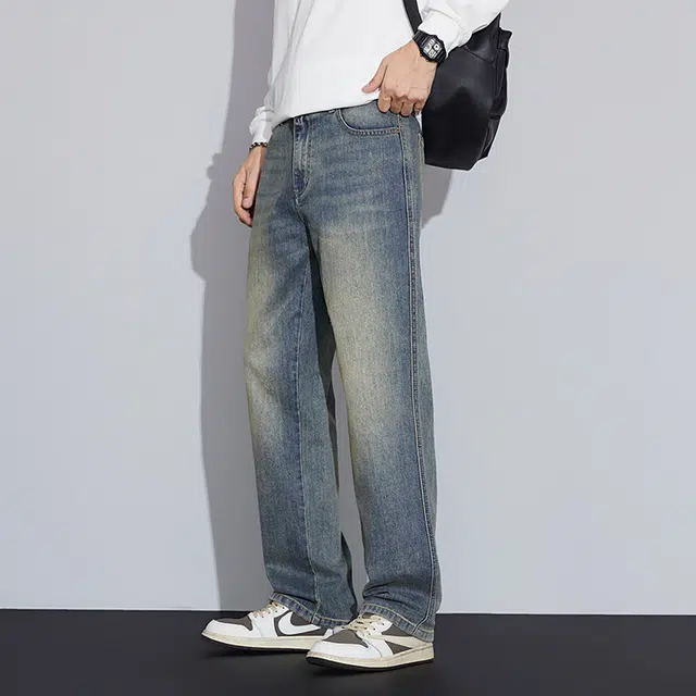 么宁 美式复古水洗宽松直筒裤潮流时尚字母刺绣弹力舒适透气耐穿耐磨个性痞帅休闲牛仔裤 男女同款