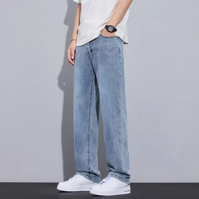 么宁 潮流时尚简约百搭薄款弹力松紧腰宽松直筒舒适透气牛仔裤 男女同款