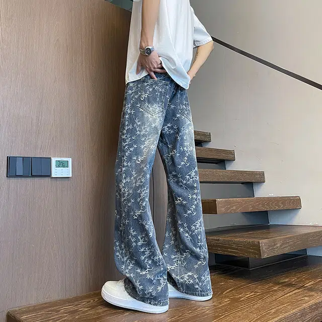 么宁 印花美式高街复古水洗潮牌高级感直筒百搭痞帅休闲牛仔裤 男女同款