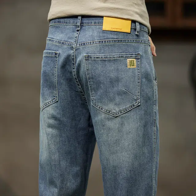 么宁 韩版潮流简约百搭九分裤舒适透气宽松直筒复古水洗弹力休闲牛仔裤 男女同款