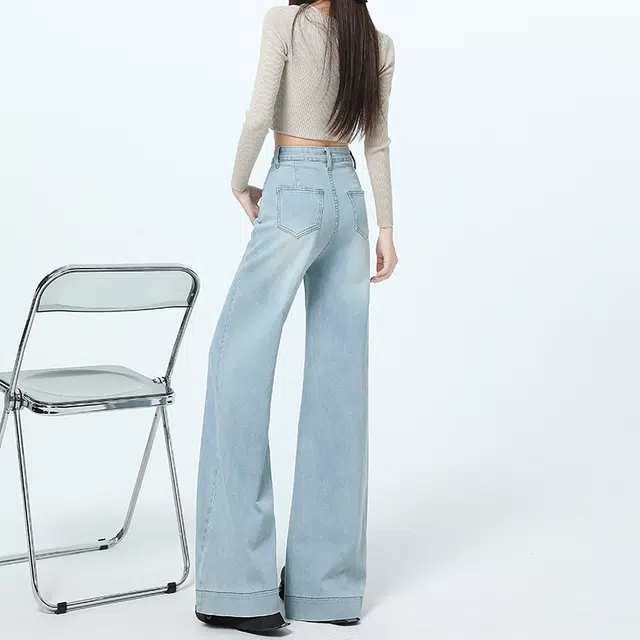 如续 浅色大喇叭高腰宽松显瘦垂感梨形遮胯拖地牛仔裤 女款