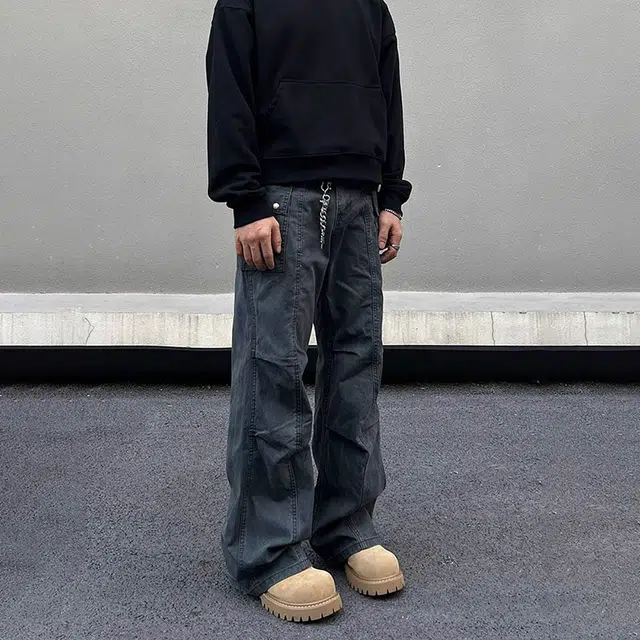 如续 美式复古做旧褶皱微喇叭设计感休闲长裤高街风高级感宽松工装裤 男女同款