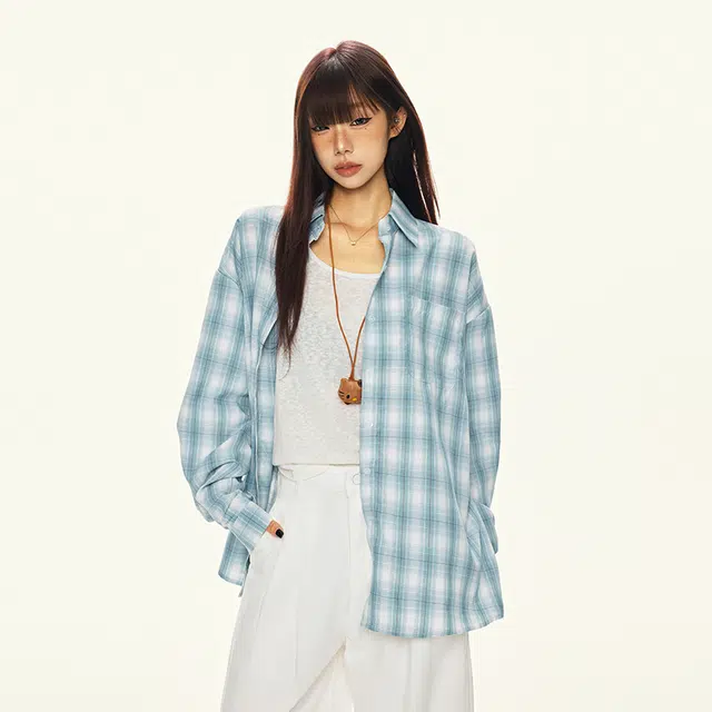 如续 韩系格子慵懒休闲宽松长袖衬衣衬衫 女款