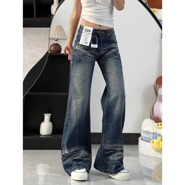 如续 美式复古水洗宽松低腰直筒阔腿拖地牛仔裤 女款