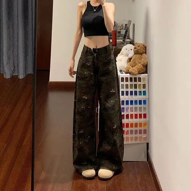 如续 潮流美式复古小众设计感微喇不贴腿宽松长裤百搭舒适休闲拖地牛仔裤 女款