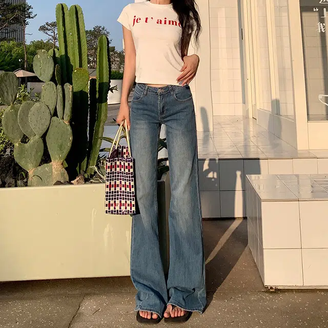 如续 辣妹低腰圆口袋设计微弹力微喇叭垂感修身微复古时尚牛仔裤 女款