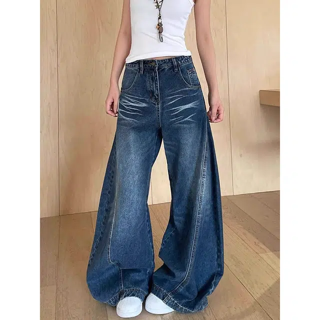 如续 美式水洗阔腿弯刀垂感长裤百搭潮流宽松直筒拖地舒适休闲牛仔裤 女款