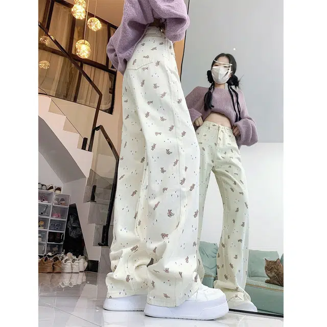 如续 美式可爱小熊印花简约百搭设计感小众高腰宽松直筒阔腿长裤潮牛仔裤 女款