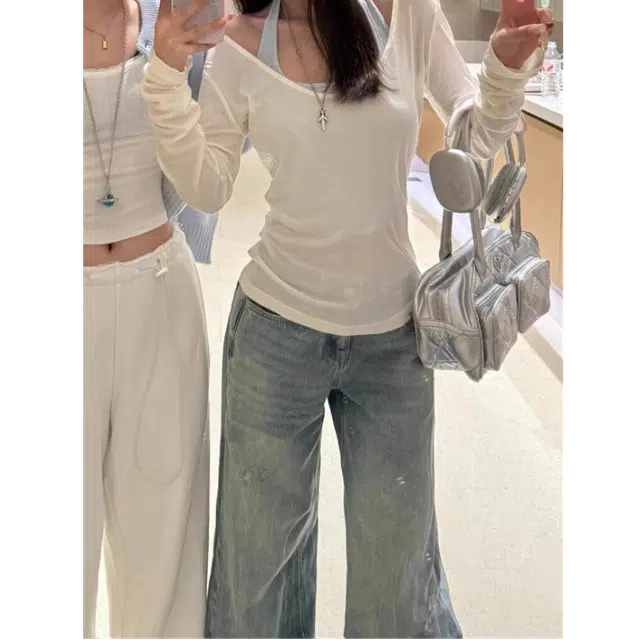 如续 浅色水洗磨破微喇女高腰宽松显瘦百搭直筒阔腿裤子牛仔裤 女款