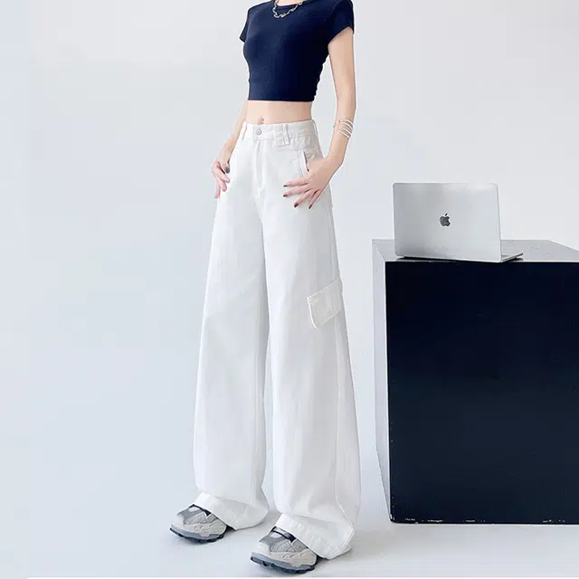 如续 美式复古工装裤女宽松显瘦休闲阔腿裤长裤子牛仔裤 女款