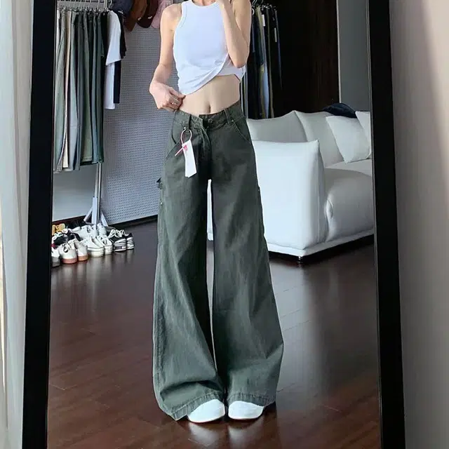 如续 美式复古微喇多口袋珠帆工装裤秋季上新休闲高街垂感高腰显瘦宽松阔腿拖地裤女生小个子款牛仔裤 女款