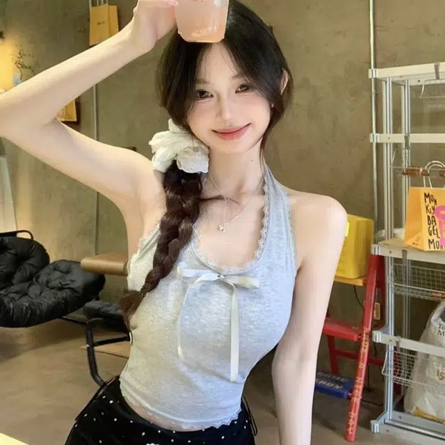 如续 蕾丝挂脖蝴蝶结系带带胸垫修身露背吊带上衣背心 女款