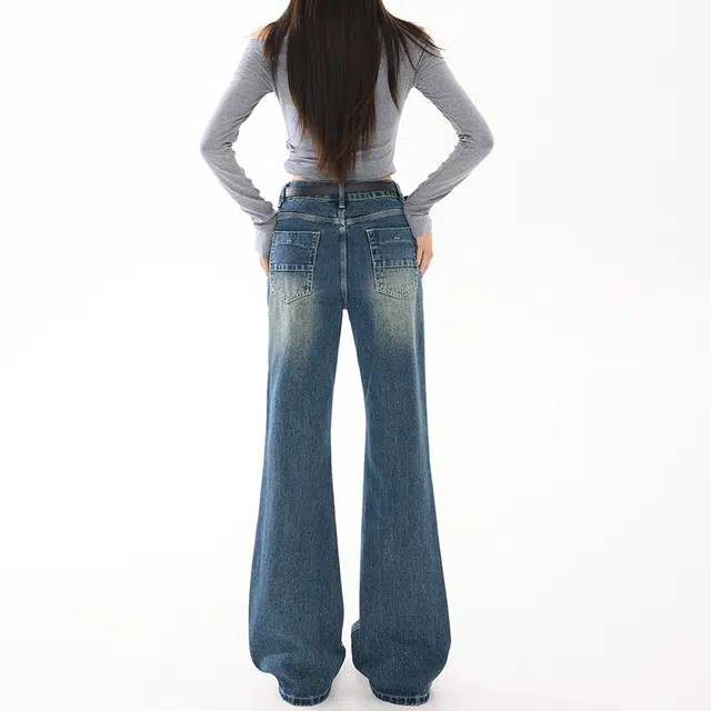 如续 秋冬慵懒休闲高腰阔腿裤女喇叭裤高街复古拖地裤牛仔裤 女款