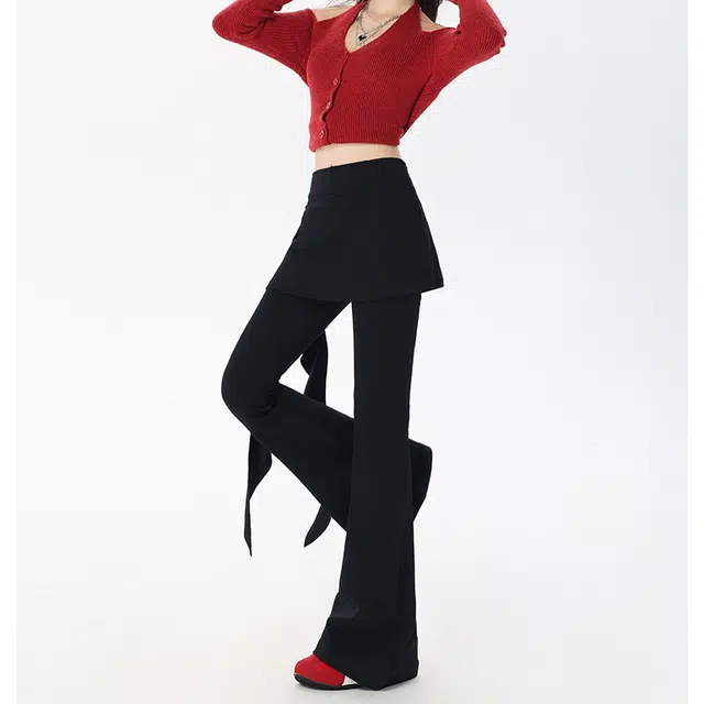 如续 微喇叭春夏紧身弹力直筒裤百搭高腰荷叶边长裤休闲裤 女款