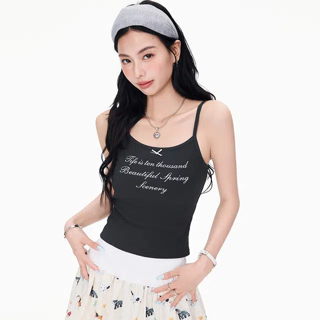 如续 美式甜辣 字母印花背心小女短款蝴蝶结修身上衣吊带 女款