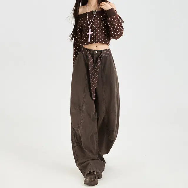 如续 工装裤女秋季水洗棉复古休闲春秋弯刀宽松阔腿裤子牛仔裤 女款