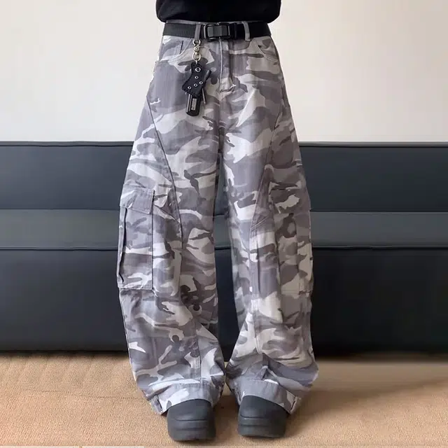 如续 秋冬上新美式高街复古百搭迷彩裤工装裤潮牌宽松直筒阔腿弯刀裤子牛仔裤 男款