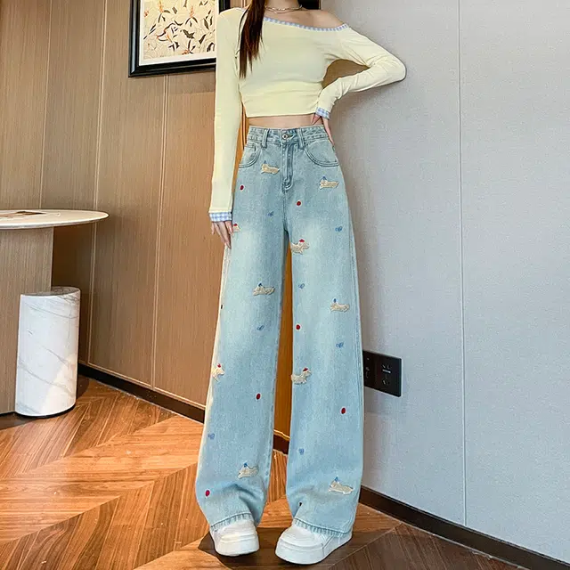 如续 卡通腊肠狗立体刺绣阔腿女拖地裤百搭潮流牛仔裤 女款