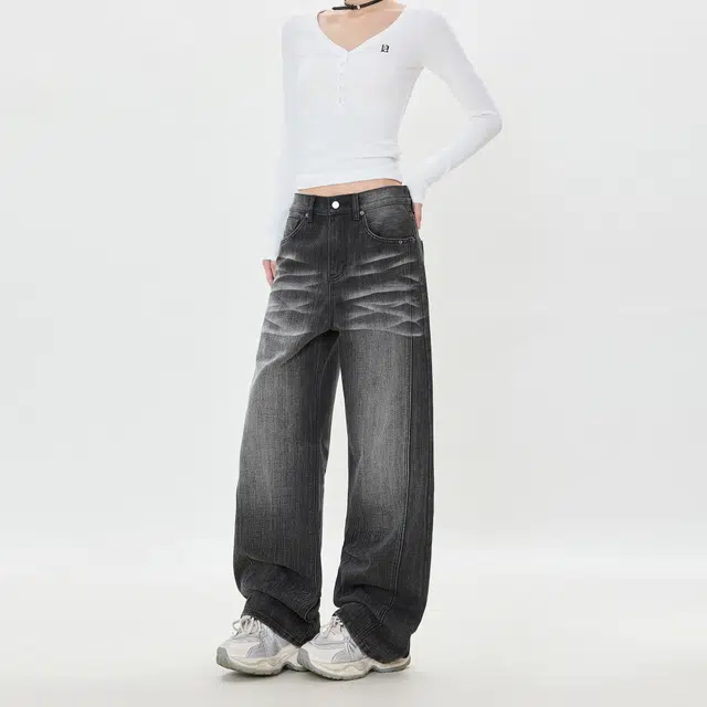 如续 美式复古水洗猫须宽松显瘦直筒阔腿牛仔裤 男女同款