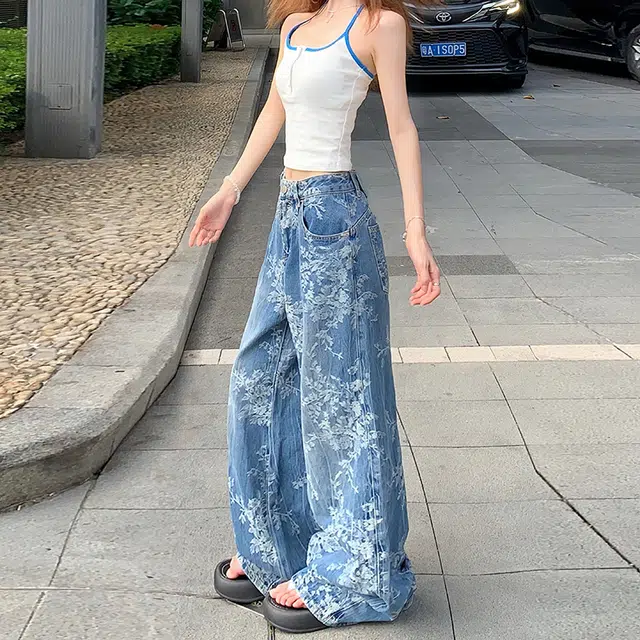 如续 美式复古小众提花设计宽松阔腿女舒适简约牛仔裤 女款