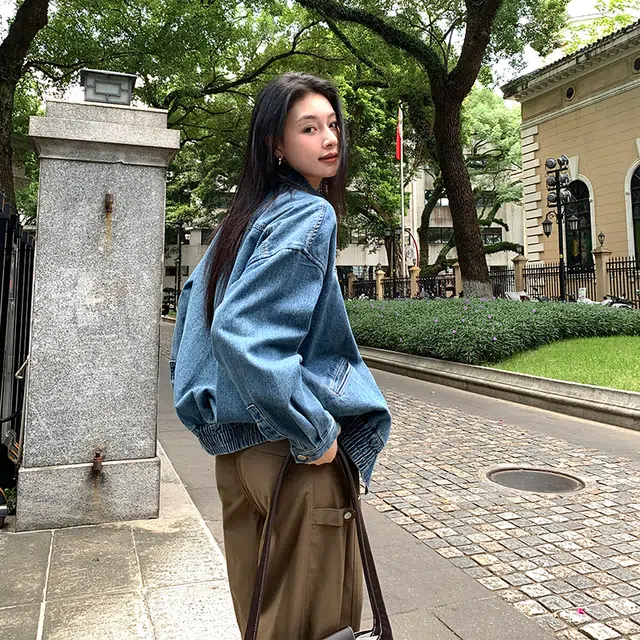 如续 中性风复古减龄宽松美式落肩机车 牛仔外套 男女同款