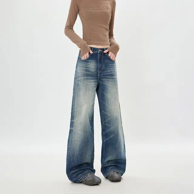 如续 美式高街复古宽松直筒拖地潮流纽扣牛仔裤 男女同款