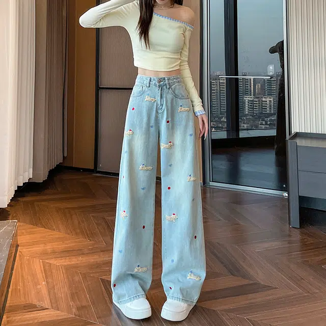 如续 卡通腊肠狗立体刺绣阔腿女拖地裤百搭潮流牛仔裤 女款