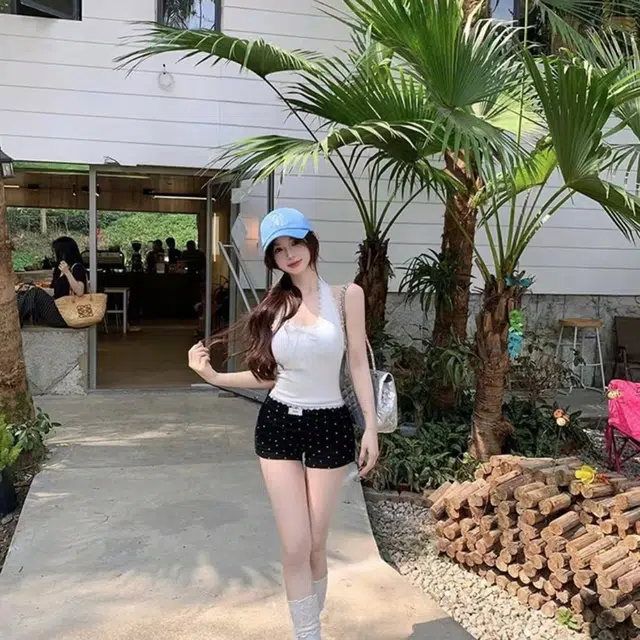 如续 蕾丝挂脖蝴蝶结系带带胸垫修身露背吊带上衣背心 女款