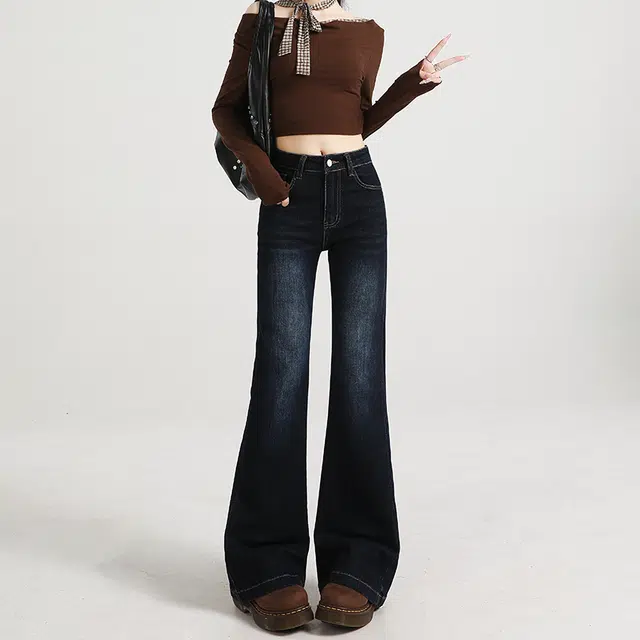 如续 水洗复古微喇弹力显瘦设计感马蹄喇叭拖地牛仔裤 女款