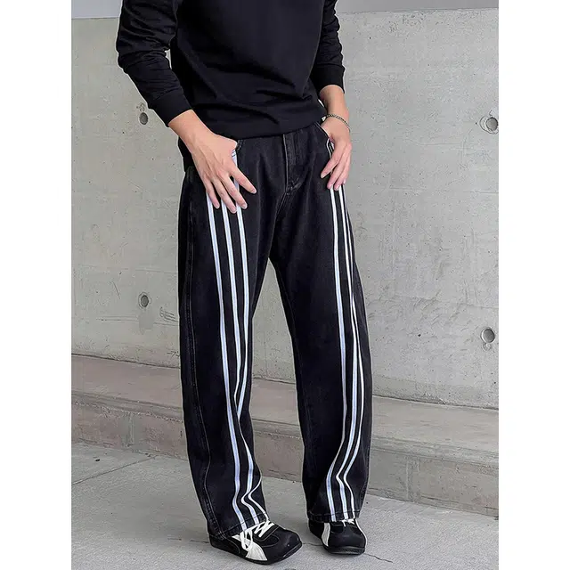 如续 美式复古水洗做旧设计感条纹直筒长裤秋季微弯宽松休闲潮牌牛仔裤 男女同款