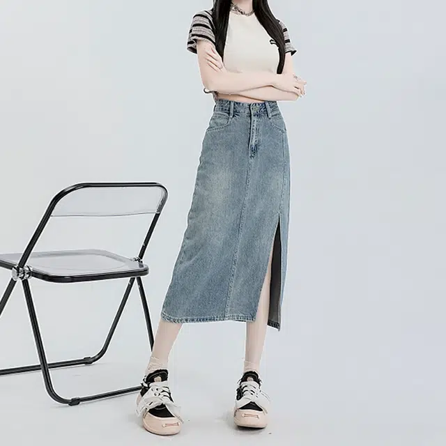 如续 高腰百搭做旧时尚中长款开叉休闲长裙 女款